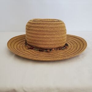 CAPPELLI STRAWORLD SUN HAT FAUX LEATHER LACE COLORFUL BEADS ROSES BOW WOMEN